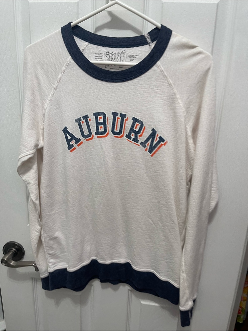 Original Retro Brand Auburn Ringer Long Sleeve Top - White with Navy and Orange